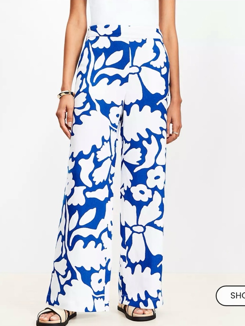 NWT LOFT Blue & White Wide-Leg Floral Print Pants - Picture 2 of 4